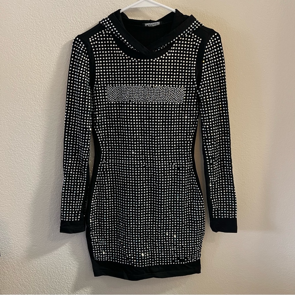 Fully rhinestones, long sleeve, black, mini dress with hood